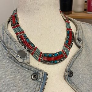 Sterling silver, turquoise and coral necklace